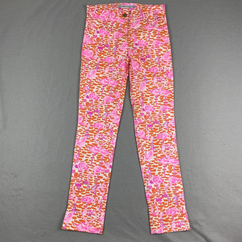 Gretchen Scott Orange Pink Flamingo Skinny Pant size M Tropical